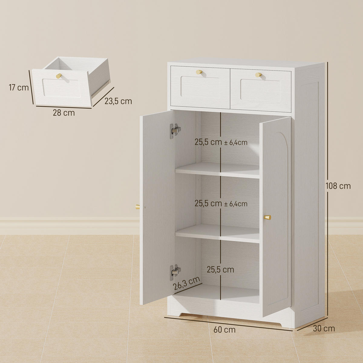 MIDISCHRANK DE-17339 2 Schubladen, 3-fach verstellbares Regal Weiß - Weiß, Holzwerkstoff (30/108/60cm) - ComfortXL