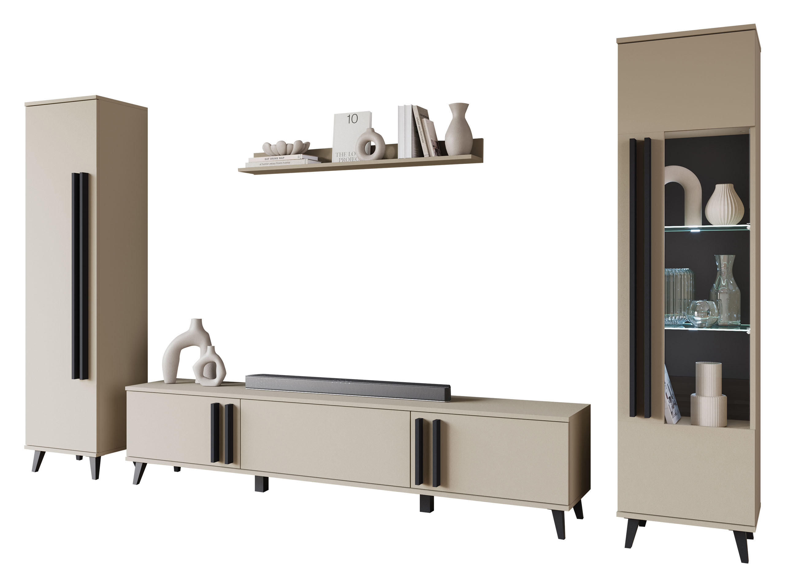 WOHNWAND Helsinki II mit weißer LED Beleuchtung - Beige/Schwarz, Holzwerkstoff/Kunststoff (180/70/33cm) - MIRJAN24