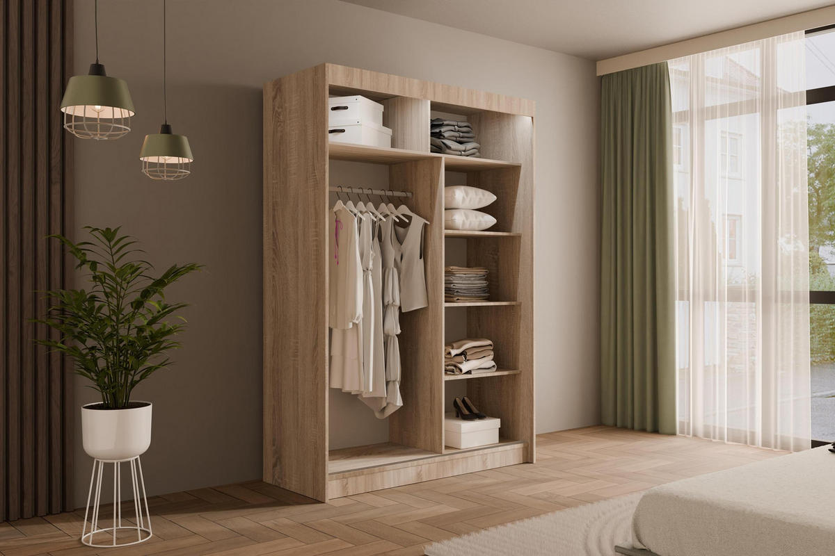 KLEIDERSCHRANK PEKA mit LED - 120 cm - Sonoma Eiche|Weiß - Weiß/Sonoma Eiche, Holzwerkstoff (120/215/61cm) - ALTDECOR