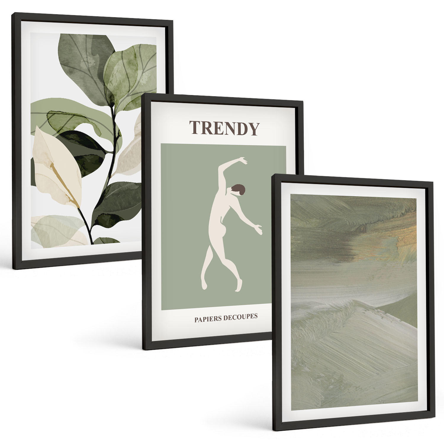 BILDER SET 3er Set - 40x60 cm Schwarzer Rahmen - Abstrakte Pflanzensilhouettenmuster - Schwarz, Kunststoff (40/60cm) - TULUP