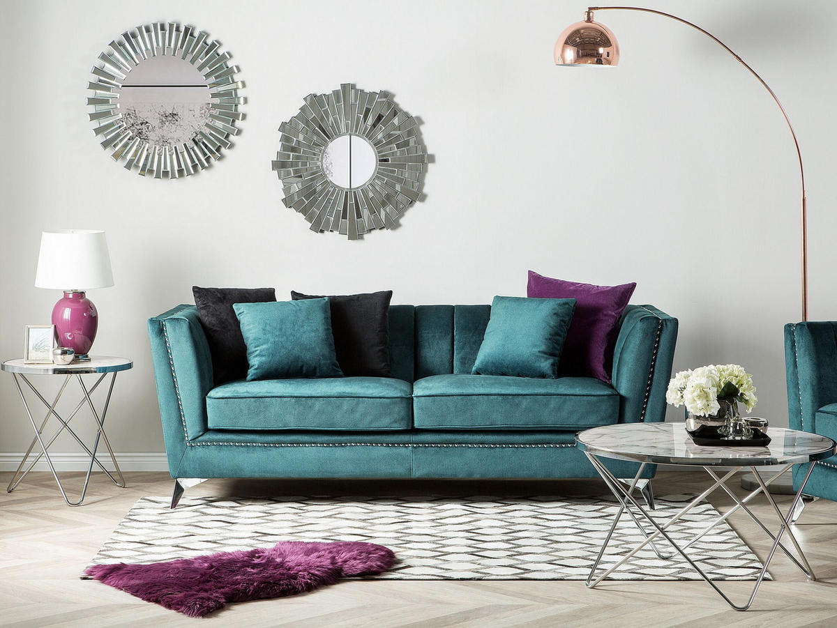 3-SITZER-SOFA Samtstoff Blau-Grün Gaula - Petrol/Hellgrün, Textil (211/77/80cm) - Beliani