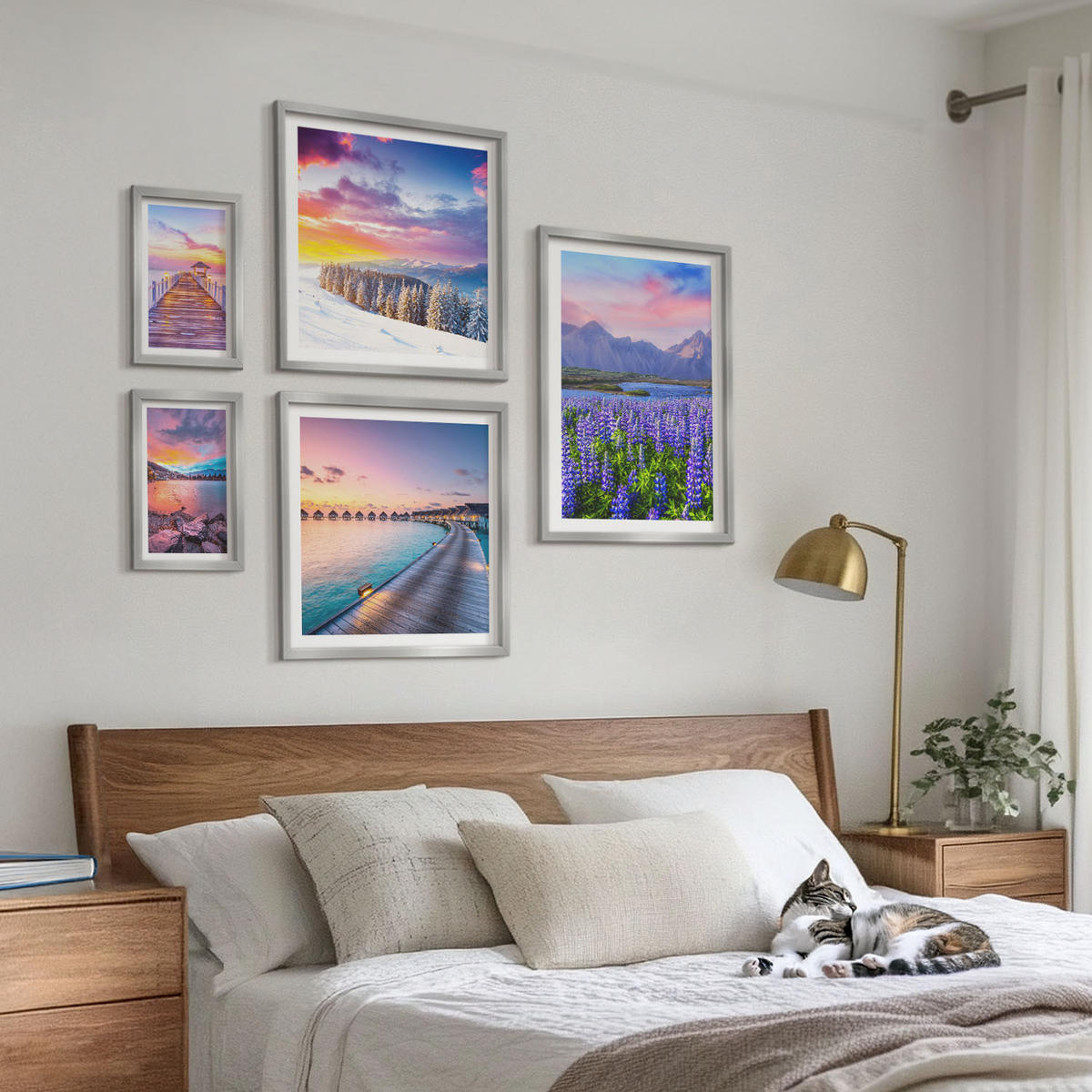 BILDER SET 5er Set - 50x50 cm & 20x30 cm & 40x60 cm Silberner Rahmen - Winterlandschaft des Pierbergs - Silberfarben, Kunststoff (40/60cm) - TULUP