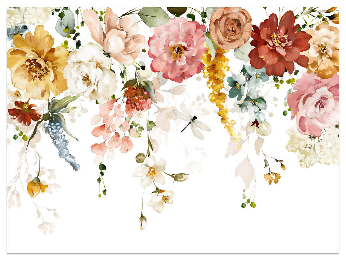 FOTOTAPETE für Schlafzimmer Aquarell Bunte Blumen Ranken Blätter 400x280 - Gelb/Rot, Papier (400/280cm) - Muralo