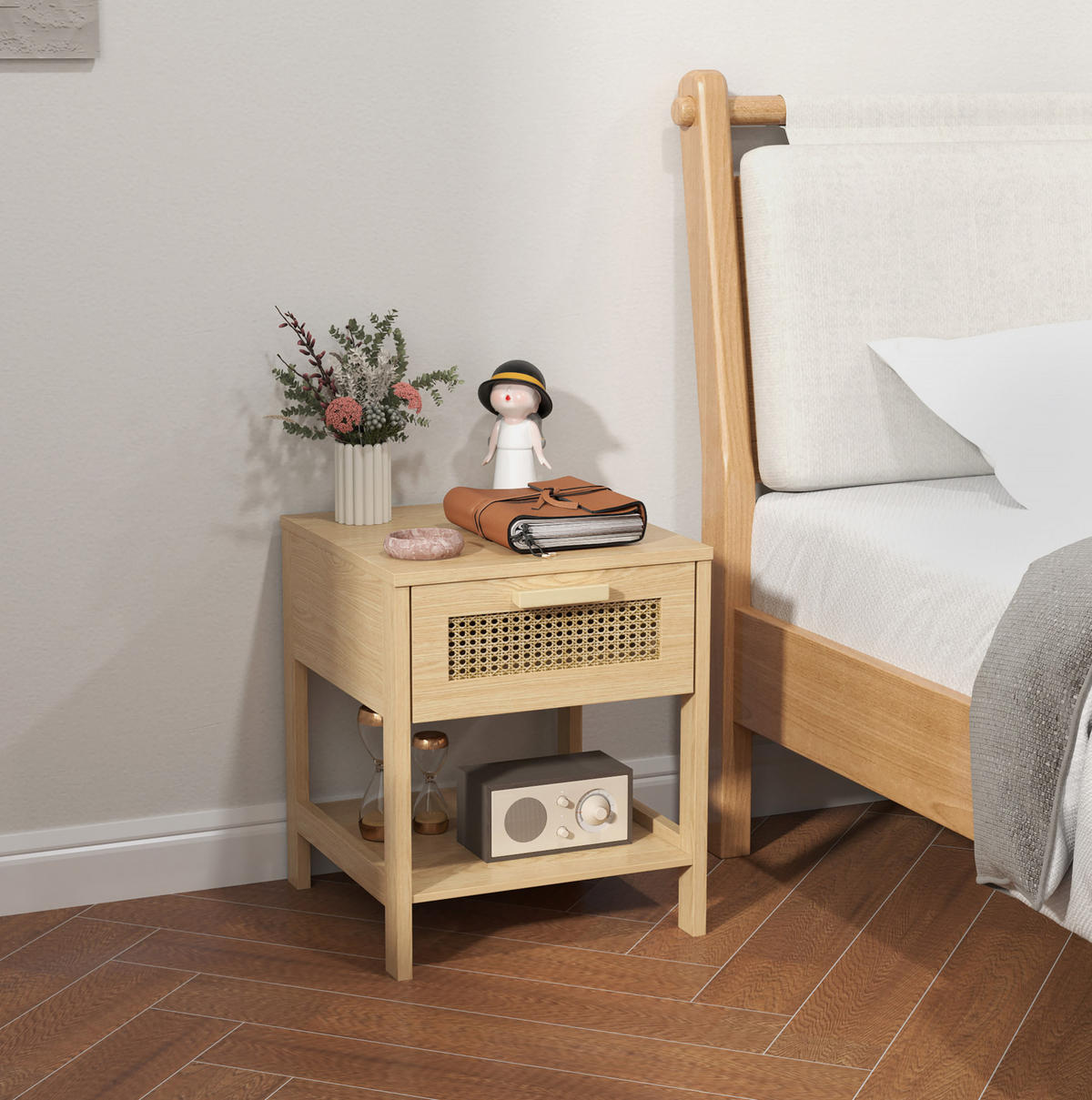 NACHTTISCH 40/40/48,4 cm in Natur mit Schublade und Rattan-Front - Hellbraun, Holz (40/48.4/40cm) - Flora Grace