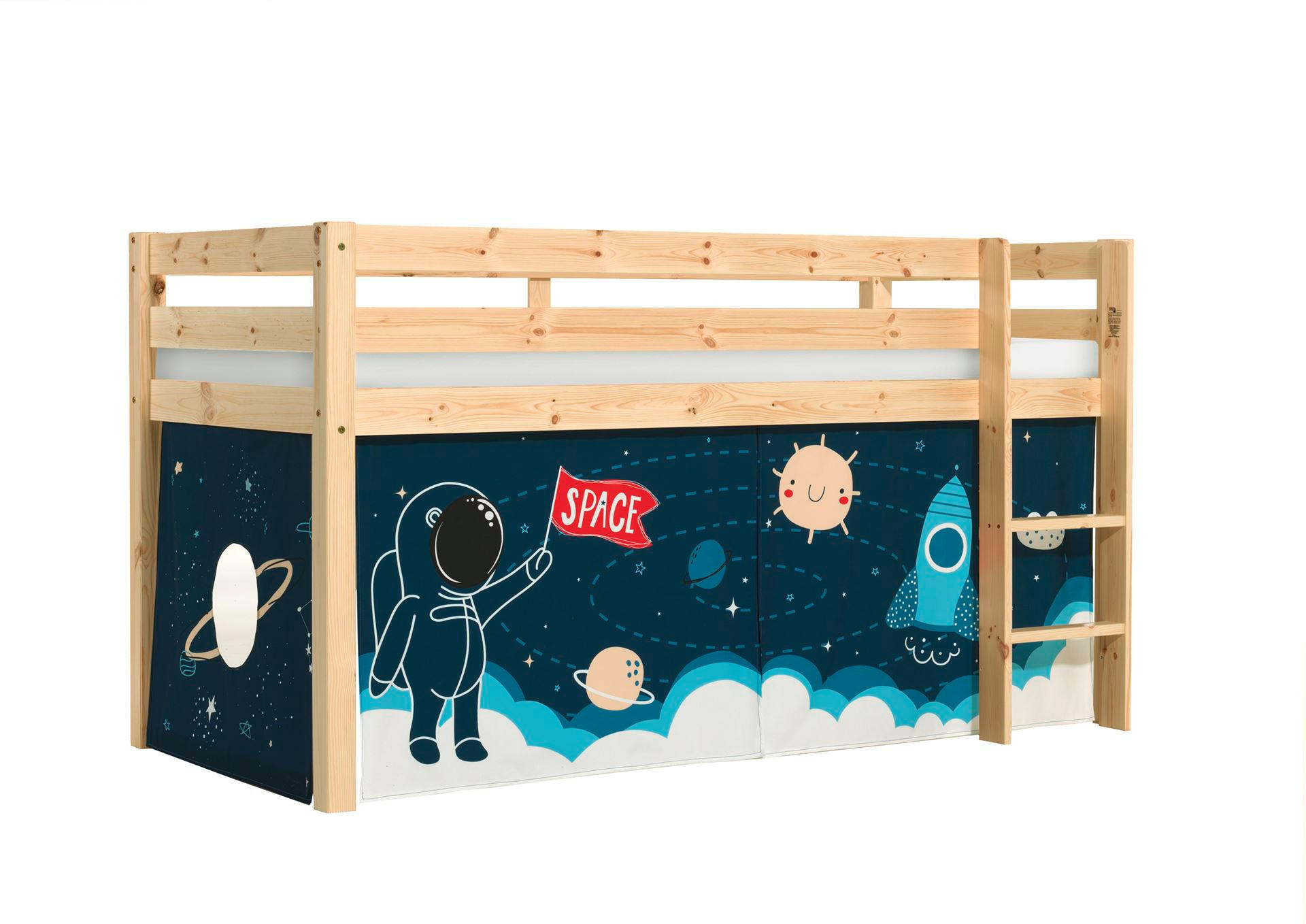 KINDERBETT Karolina 210x114x106 Massivholz Natur Textilset Rakete - Türkis/Kieferfarben, Holz (90/200cm) - 58aufmkessel