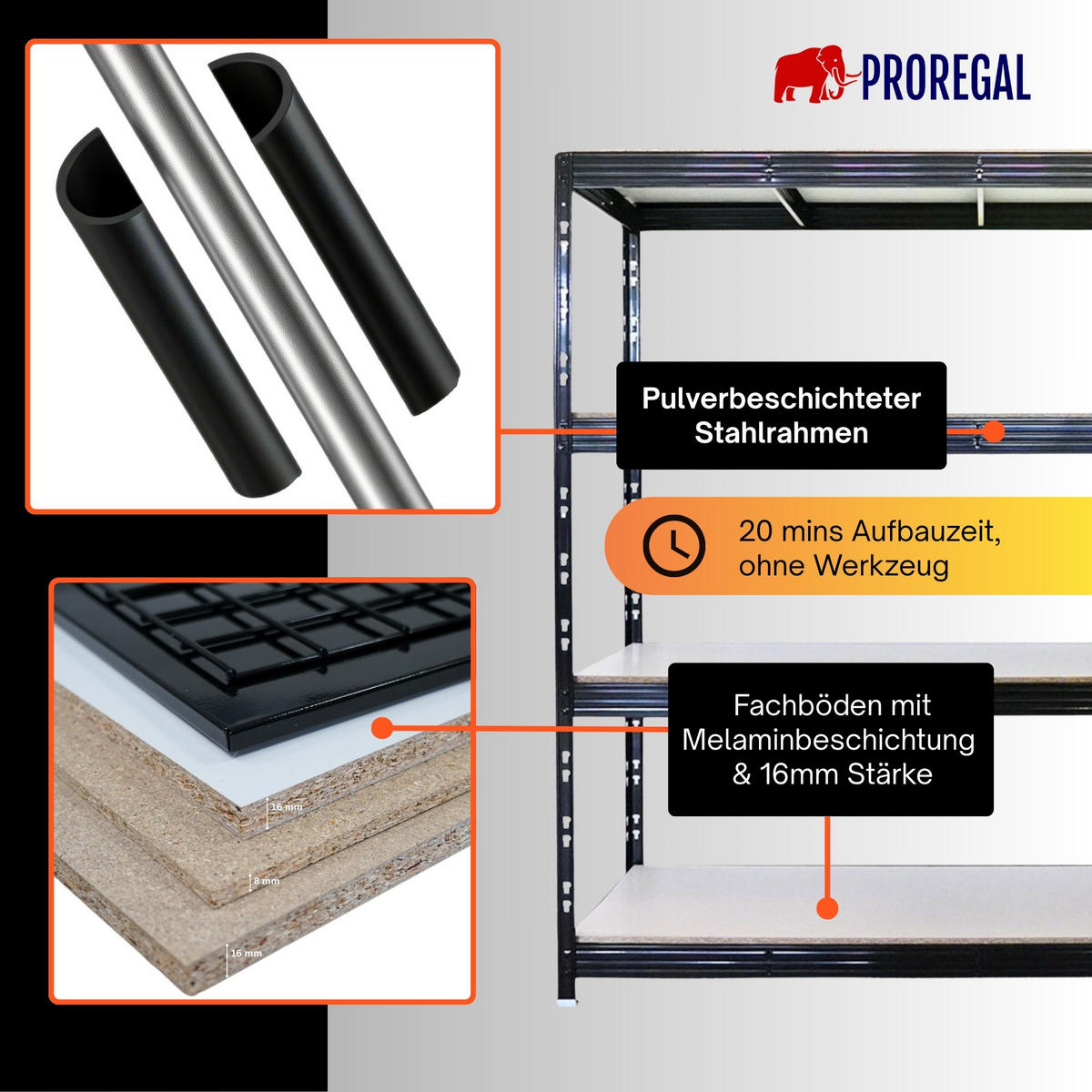 SCHWERLASTREGAL Rhino 200x200x60 cm 4 Melamin-Ebenen 16mm Fachlast 500 kg Schwarz - Schwarz, Metall (200/200/60cm) - PROREGAL