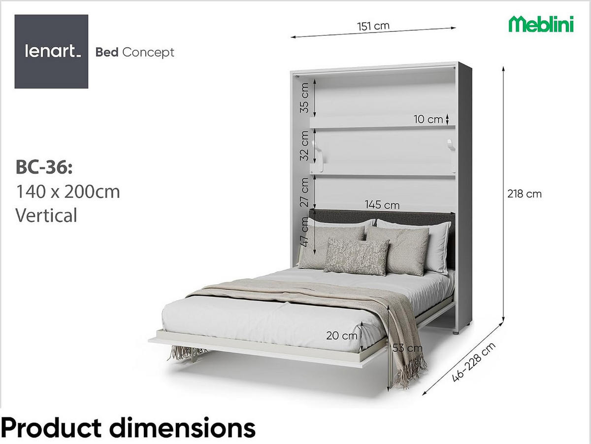 SCHRANKBETT BED CONCEPT BC-36 Matratze - Graphitfarben/Weiß, Holzwerkstoff (140/200cm)