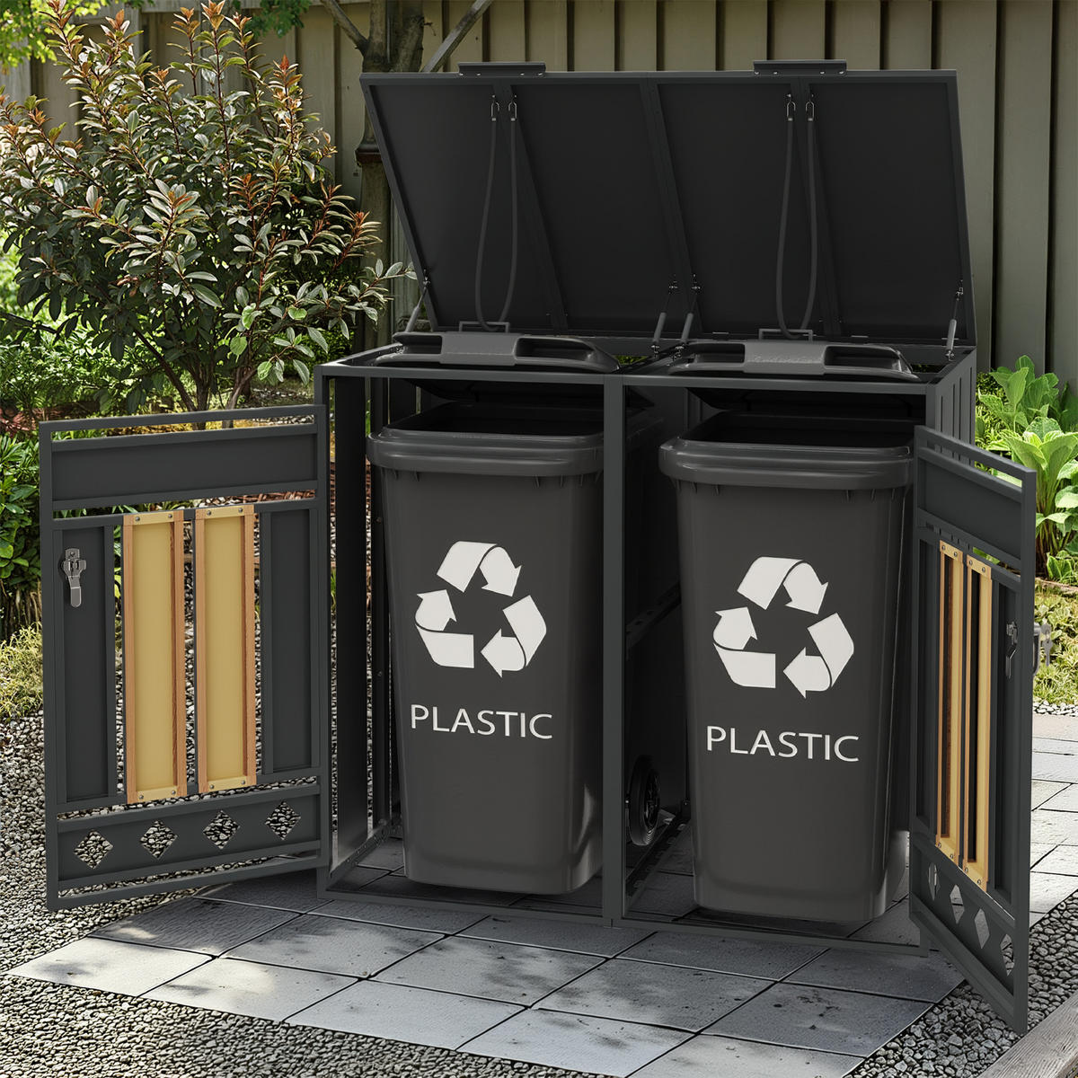 MÜLLTONNENBOX aus Stahl in Grau Holzoptik mit hydraulischem Klappdeckel - Grau, Metall (132/118.5/80cm) - Modfu