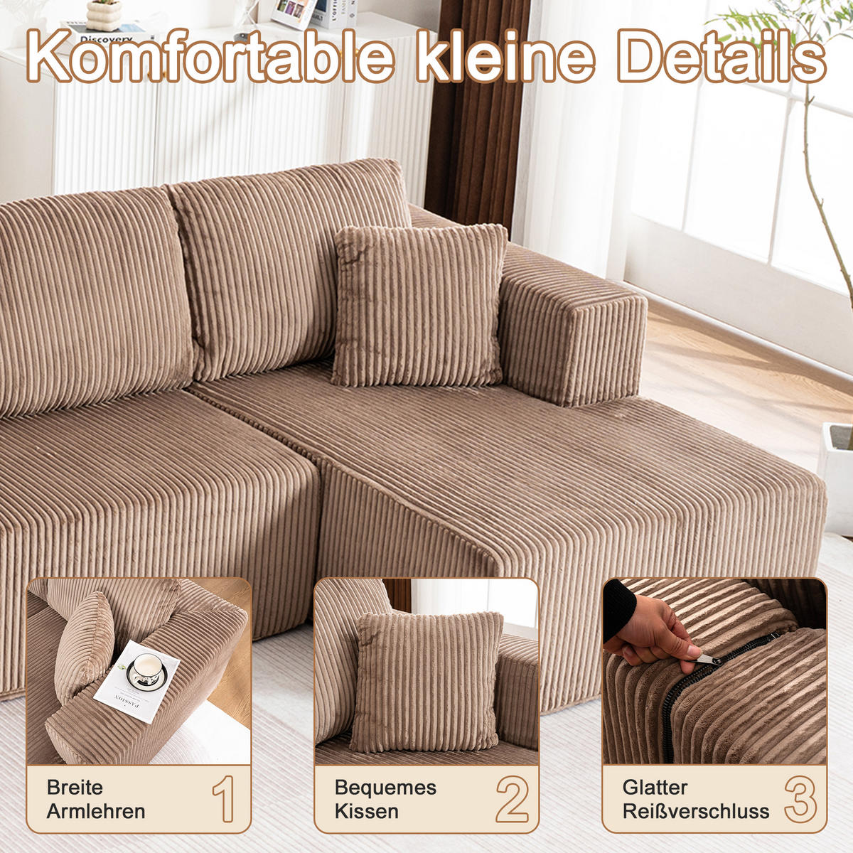 WOHNLANDSCHAFT Cord Braun mit Kissen - Braun, Textil (332/88/156cm) - WISHDOR