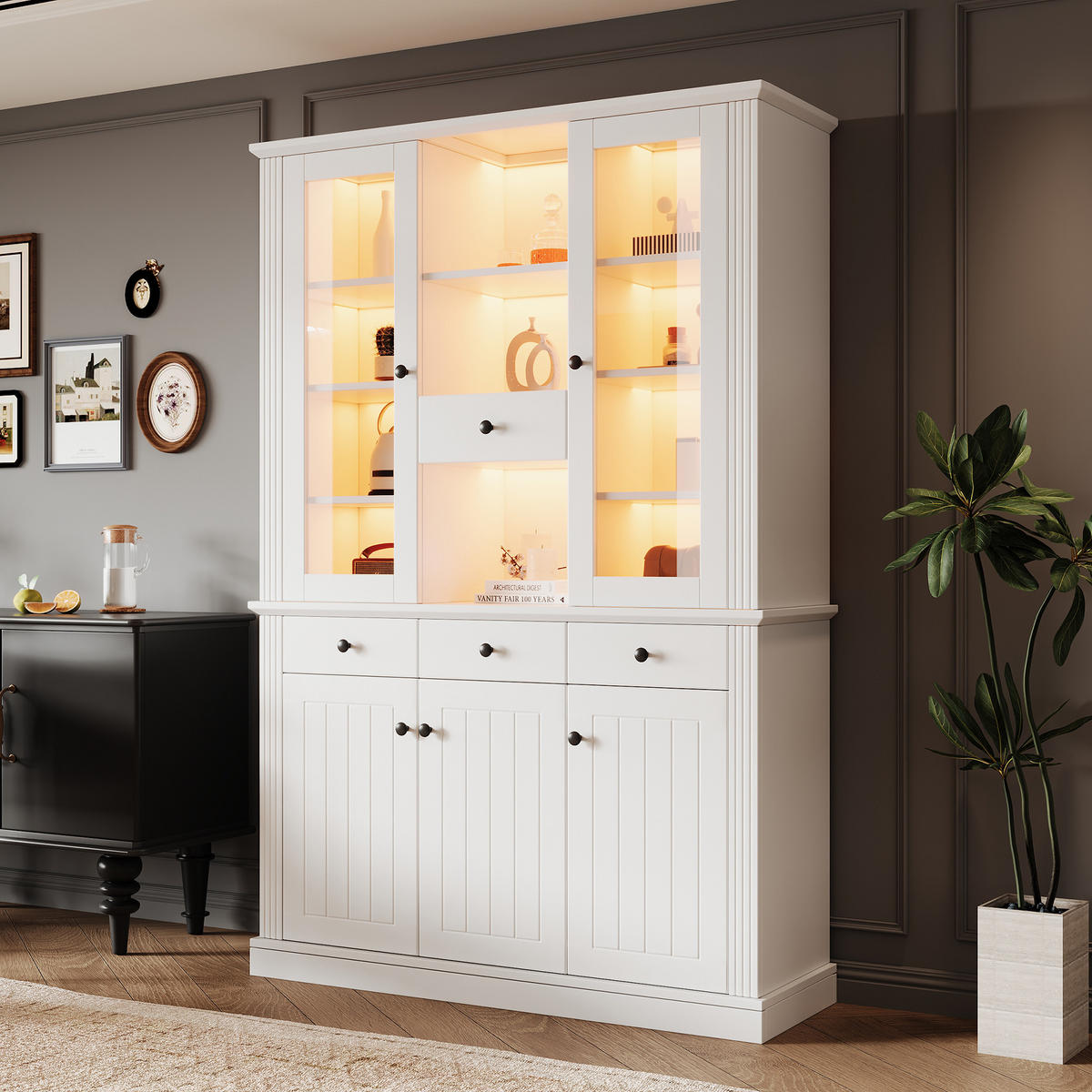 VITRINE 119,5x40x180 cm Weiß mit LED und 4 Schubladen - Weiß, Holzwerkstoff (119.5/180/40cm) - FLIEKS