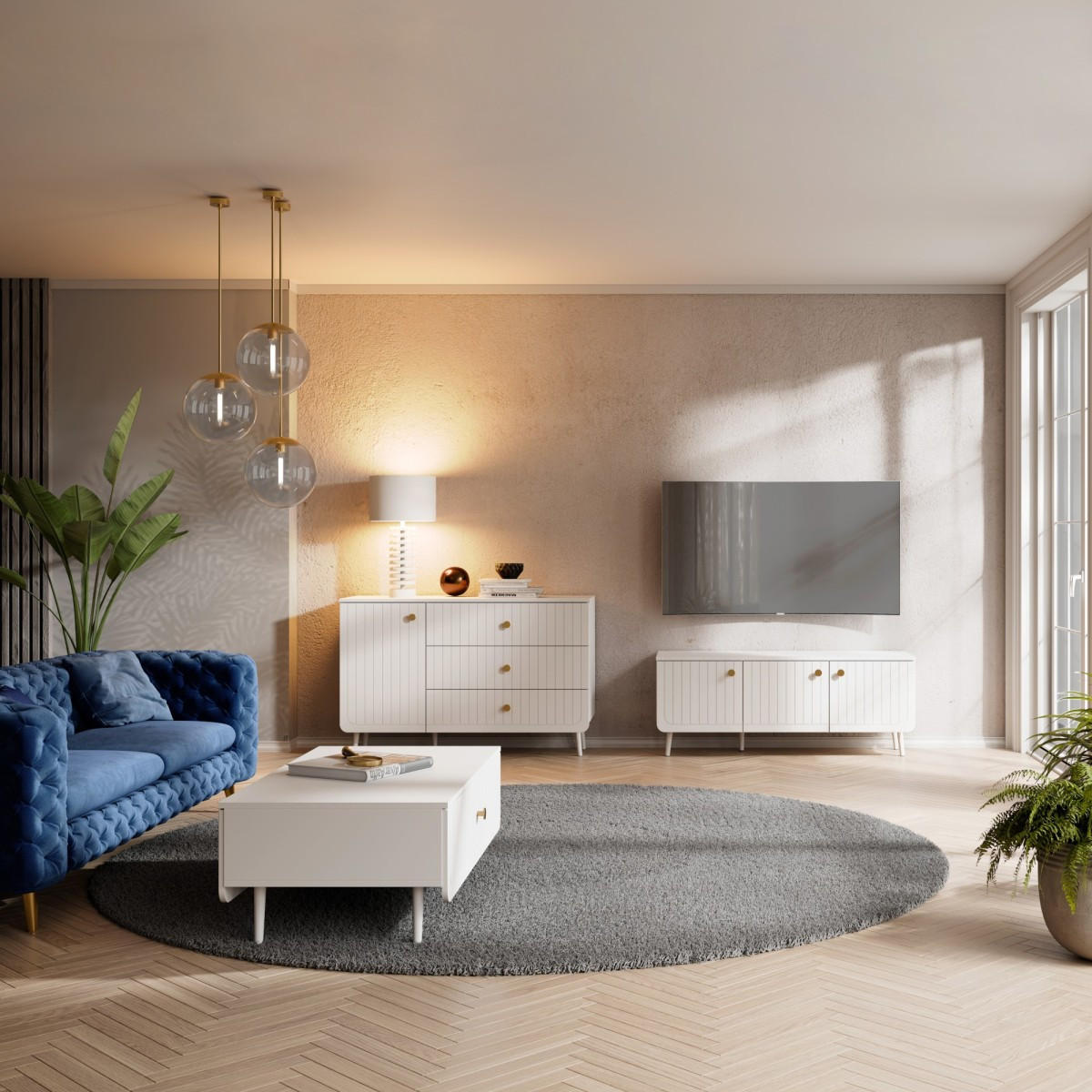 TV-LOWBOARD Chloe 3D 125 Weiß (schwarzer oder goldener Griff) - Schwarz/Weiß, Holzwerkstoff/Kunststoff (127/50/40cm) - mzm24