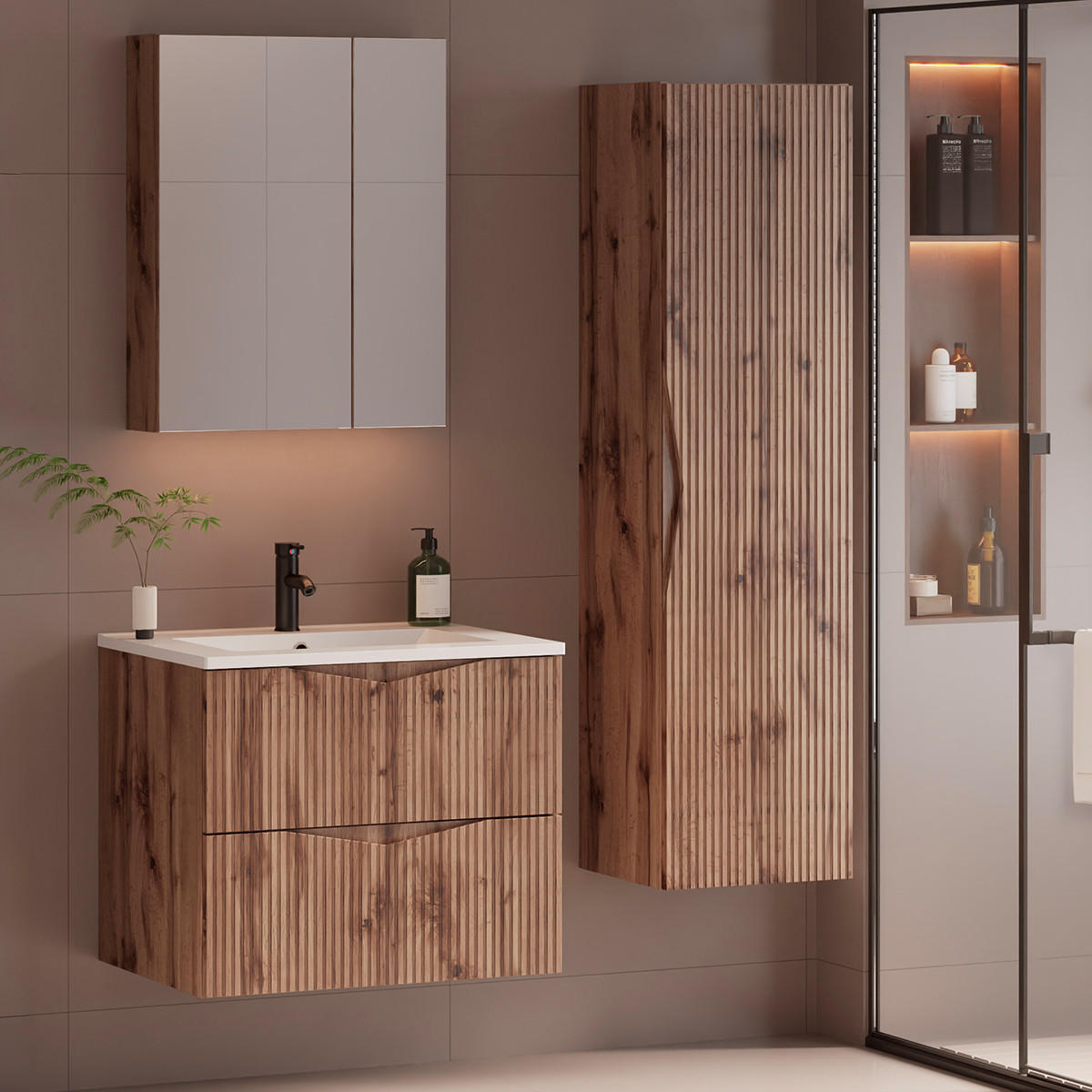 BADMÖBEL Tao 2er-Set Holz - Braun, Holzwerkstoff (60/50/45.8cm) - Petits-meubles