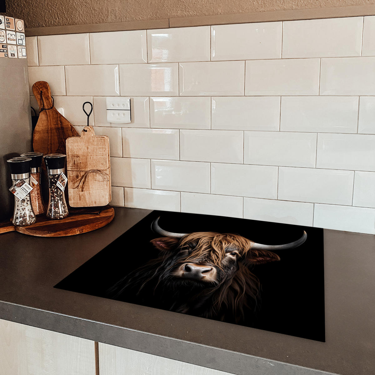 HERDABDECKPLATTE Schottischer Highlander - Porträt - Schwarz - Tier 59x52 cm - Braun, Kunststoff (59/52/0.2cm) - MuchoWow