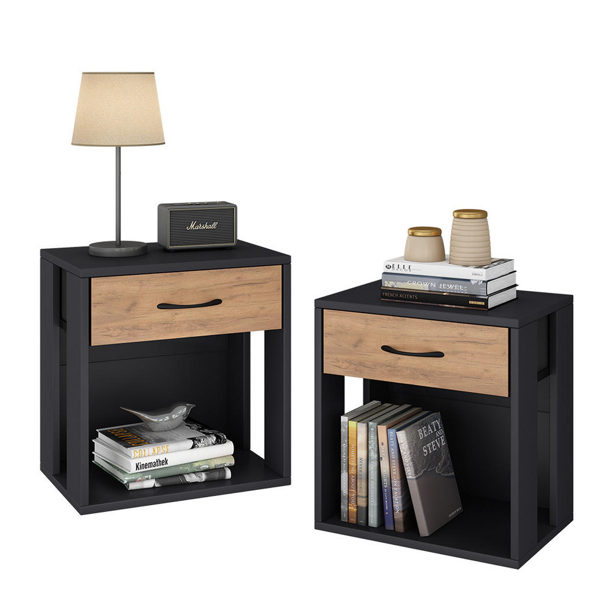 NACHTTISCH Virela Anthrazit/Goldkraft Eiche 39 x 41 cm 2er Set - Anthrazit/Eiche Wotan, Holzwerkstoff (39/41/28cm) - Vicco
