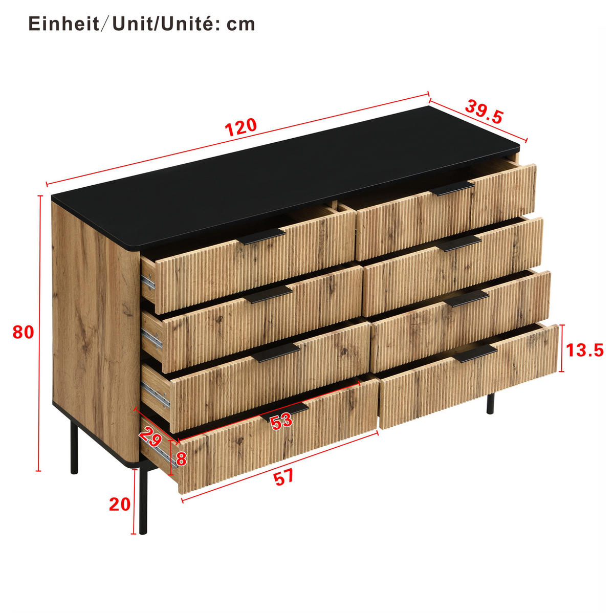 SIDEBOARD 120/39,5/80 cm mit mehreren Schubladen und strukturierter Front aus MDF, Natur/Schwarz - Schwarz, Holzwerkstoff (120/80/39.5cm) - Redom