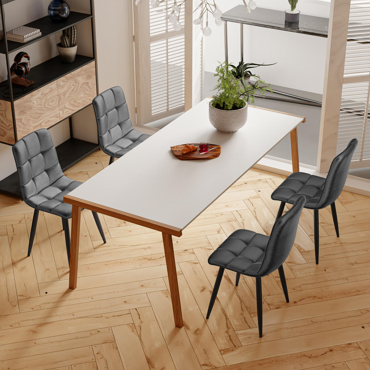 STUHL-SET 4 Stück Esszimmerstühle, gepolsterte Rückenlehnen, Samt-Sitzflächen, Metallgestell - Dunkelgrau/Schwarz, Holz/Textil (44/86/46cm) - WoodenAura