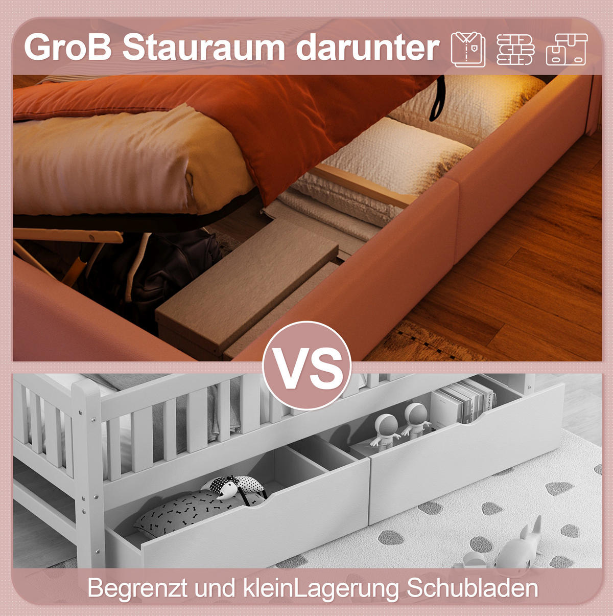 KINDERBETT aus PU 90x200 cm Pink mit LED-Beleuchtung, verstellbarem Kopfteil und hydraulischem Bettkasten - Rosa, Leder (90/200cm) - Modfu