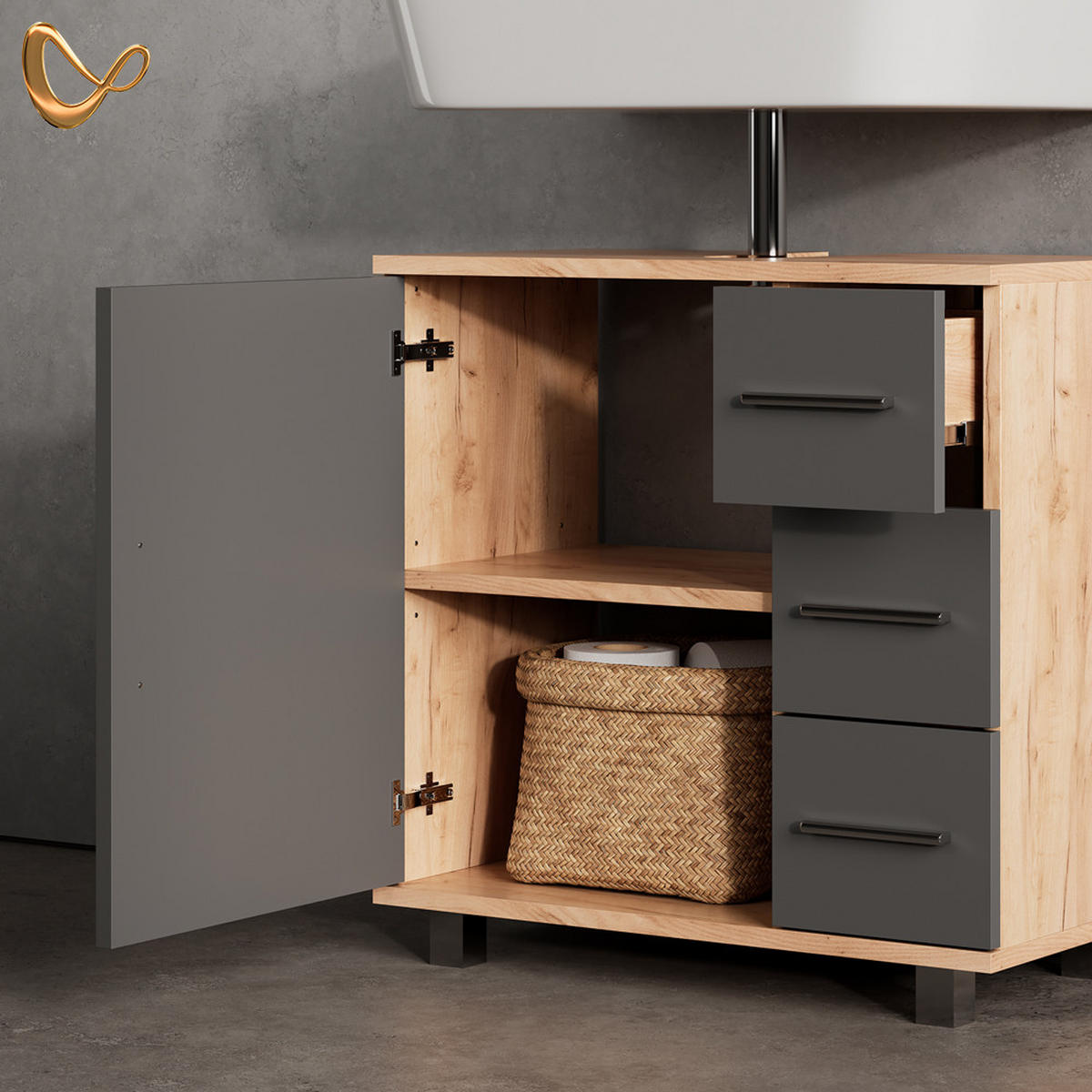 WASCHBECKENUNTERSCHRANK Eisak Goldkraft Eiche 60 x 60 cm - Eiche Wotan, Holzwerkstoff (60/60/33cm) - Livinity®