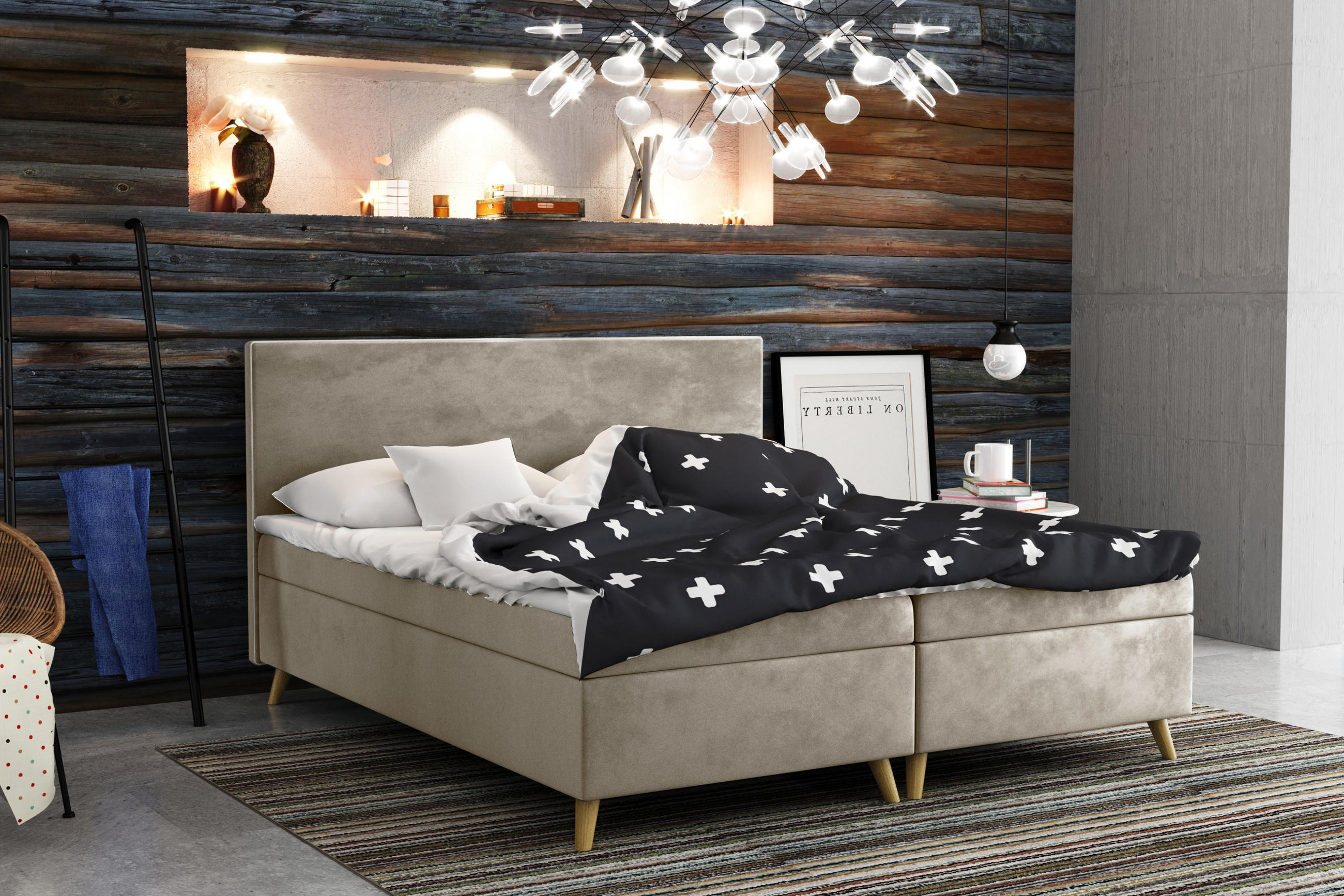 BOXBETT Mit Bettkasten Matratze + Topper BELLA Stoff Riviera Beige 180x200 cm H2-Pocket - Beige, Holz (180/200cm) - Kaiser Möbel