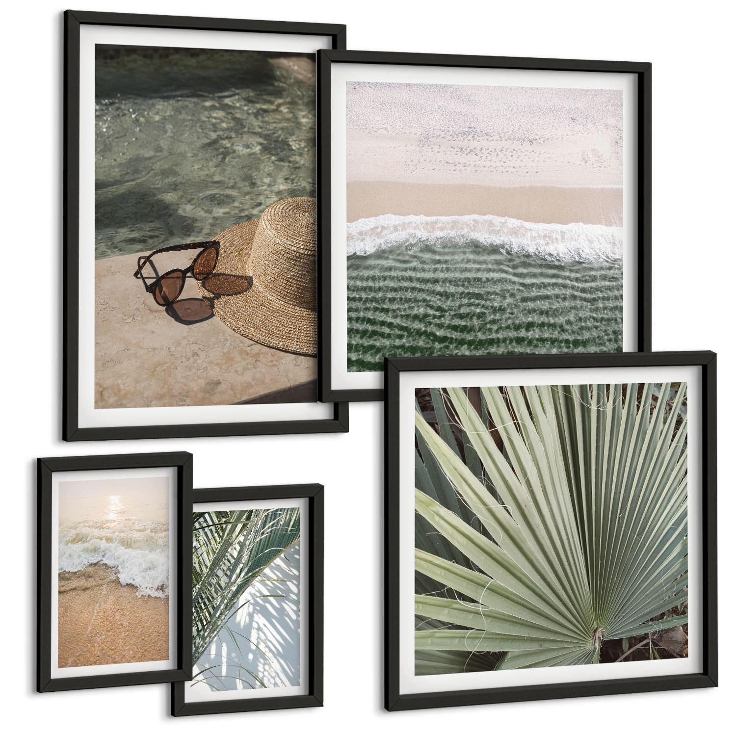 BILDER SET 5er Set - 50x50 cm & 20x30 cm & 40x60 cm Schwarzer Rahmen - Strandhut und Sonnenbrille - Schwarz, Kunststoff (40/60cm) - TULUP