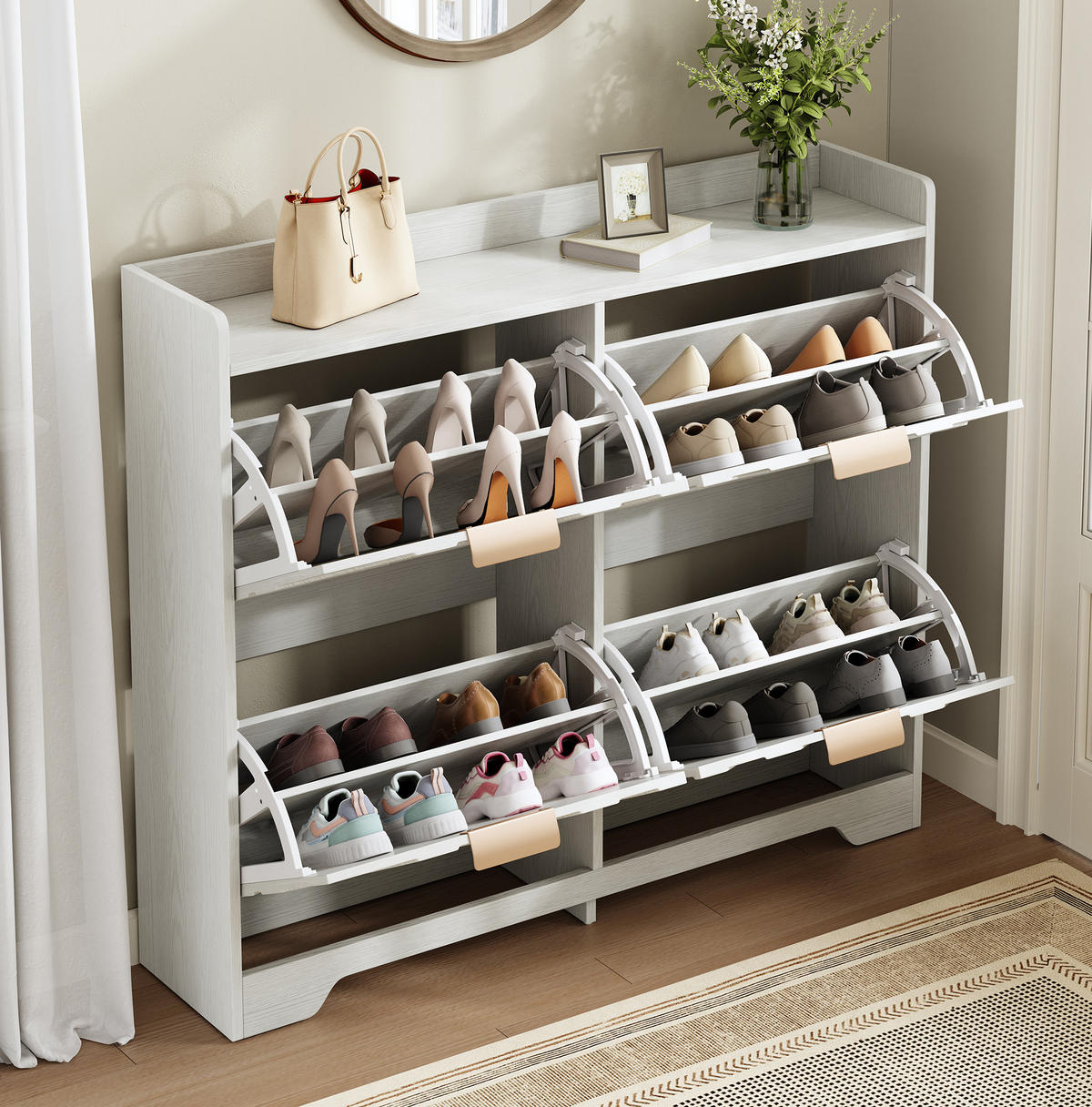 SCHUHSCHRANK 105/24/90 cm weiß aus MDF mit 4 Klappfächern - Weiß, Holzwerkstoff (105/90/24cm) - OKWISH