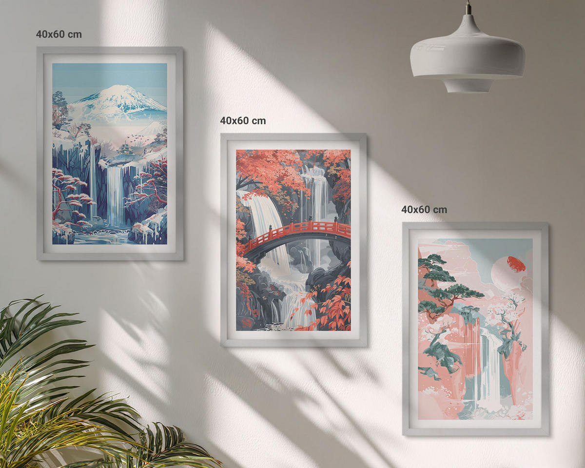 WANDBILDER 3er Set - 40x60 cm Silberner Rahmen - Wasserfälle, Berge, Brücken, Bäume - Silberfarben, Kunststoff (40/60cm) - ArtPrintCave