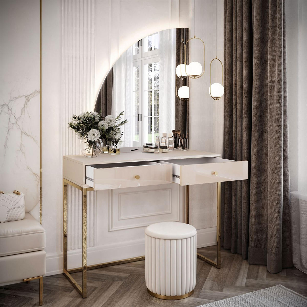 SCHMINKTISCH QUINNIE KASCHMIR mit LED-Spiegel gold Chrom links gold Griff - Kaschmir/Goldfarben, Holzwerkstoff (100/175/42cm) - Lookway