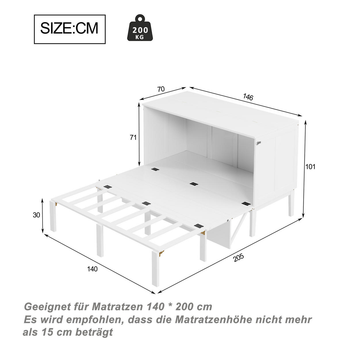 SCHRANKBETT aus Holz 140x200 cm Weiß mit Lattenrost und platzsparendem Klappdesign - Weiß, Holzwerkstoff (140/200cm) - Modfu