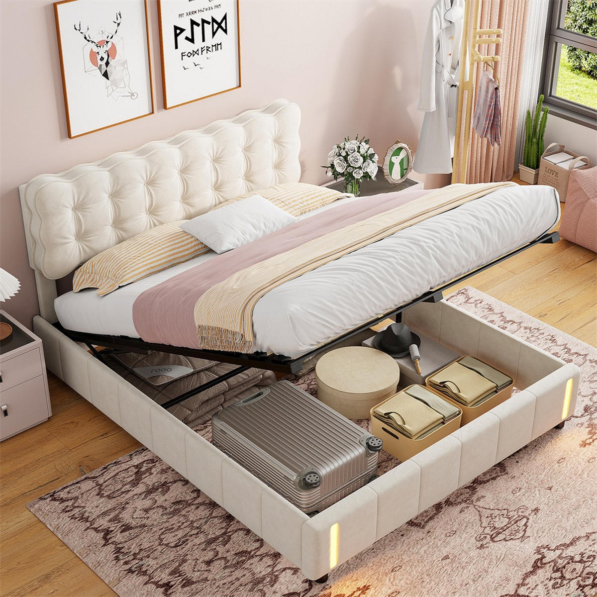 POLSTERBETT 160x200 cm - Doppelbett mit Stauraumfunktion und Bewegungsmelder-Bettendenleuchte - ohne Matratze - Beige - Beige, Textil (160/200cm) - DELFA