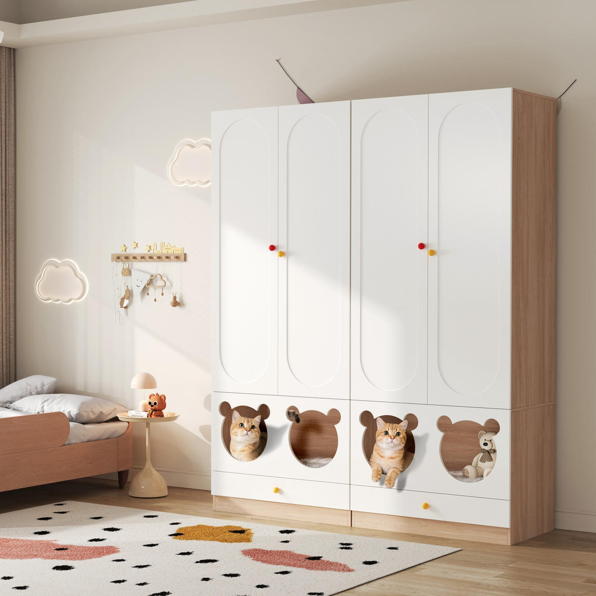 KINDER KLEIDERSCHRANK 160x50x200cm Weiß + Natur 2-teilig mit Katzenbett - Multicolor, Holz (50/200/80cm) - FLIEKS