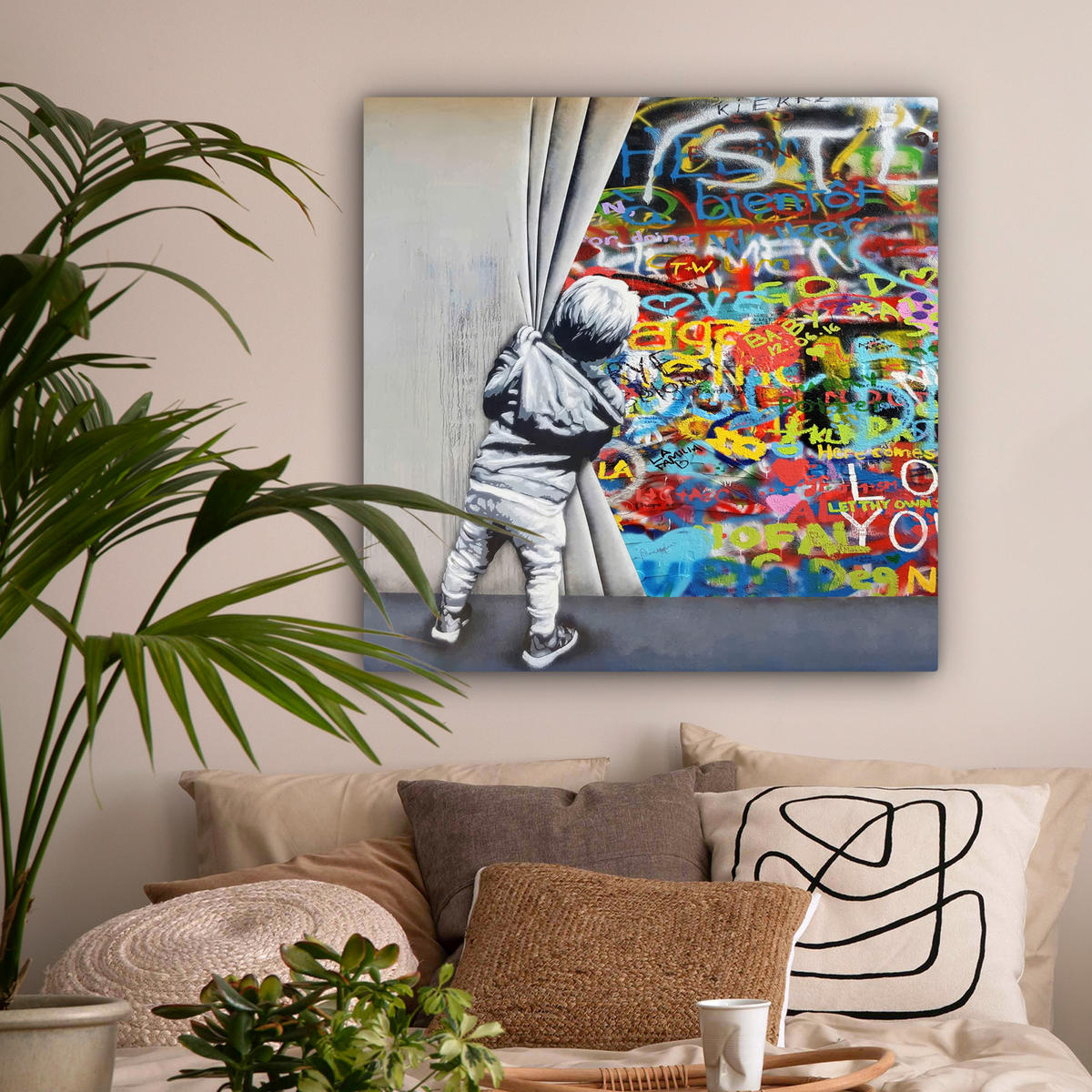 LEINWANDBILD Graffiti - Junge - Ilussie - Straßenkunst Deko Groß 90x90 cm - Hellgrau, Textil (90/90cm) - MuchoWow