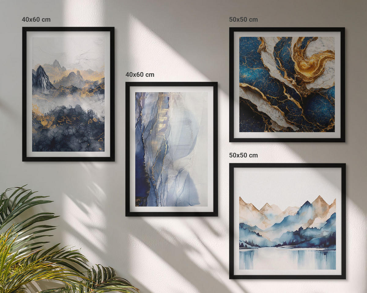 WANDBILDER 4er-Set - 50x50 cm & 40x60 cm Schwarzer Rahmen - Blaue Berglandschaften - Schwarz, Kunststoff (50/50cm) - ArtPrintCave