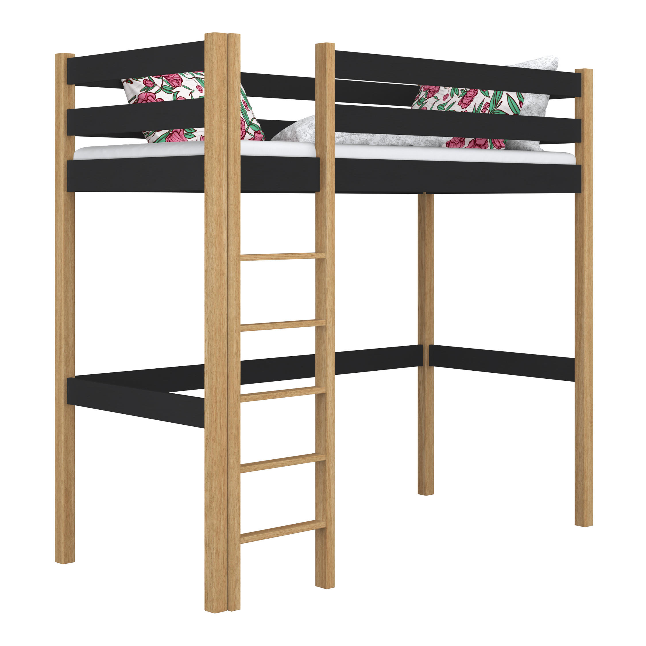 N-Wood Hochbett Eiche Artisan, Schwarz 100x180 cm