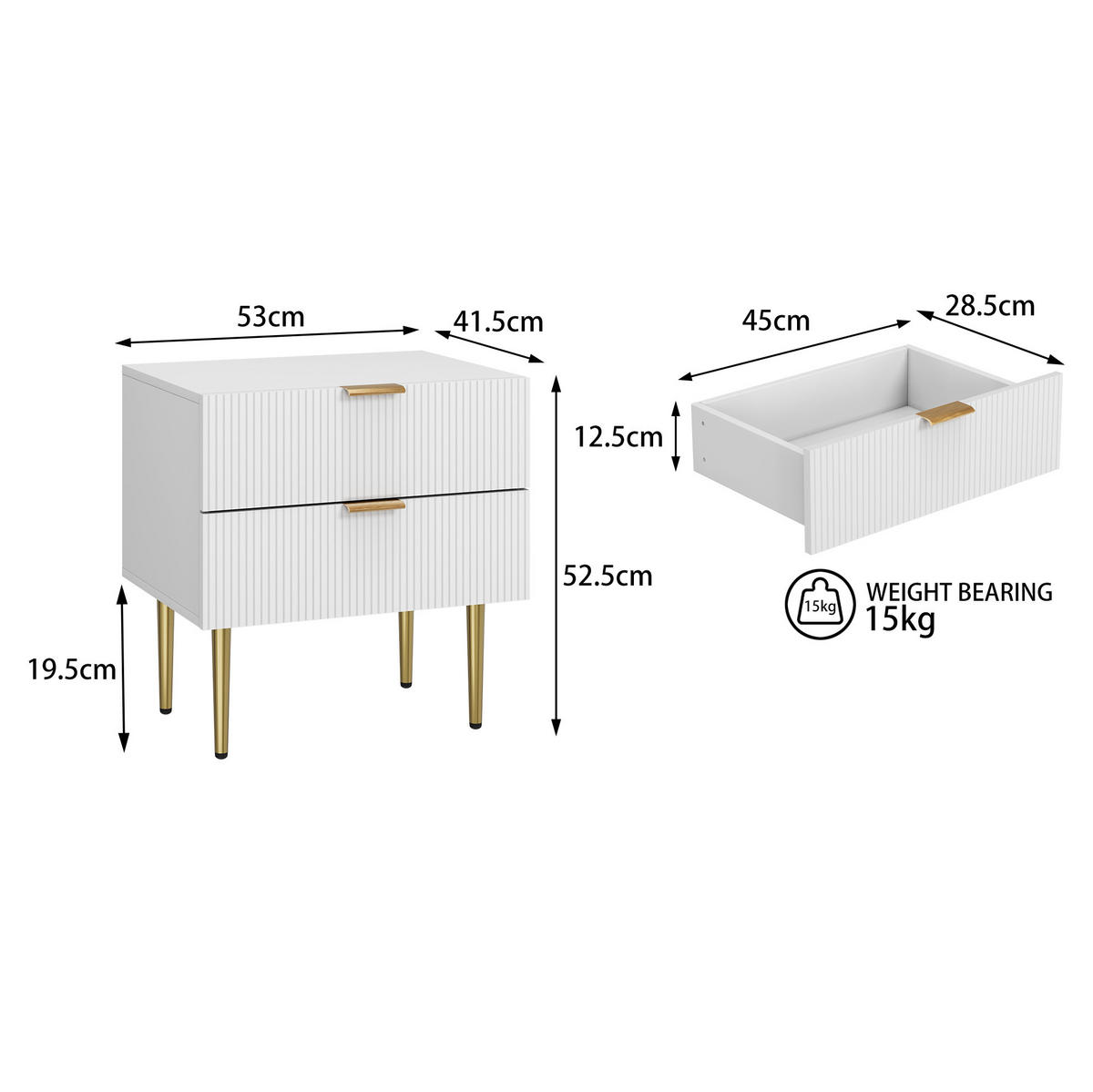 NACHTTISCH 53/41,5 cm Weiß aus MDF mit 2 Schubladen - Weiß, Holzwerkstoff (41.3/52.5/53cm) - OKWISH