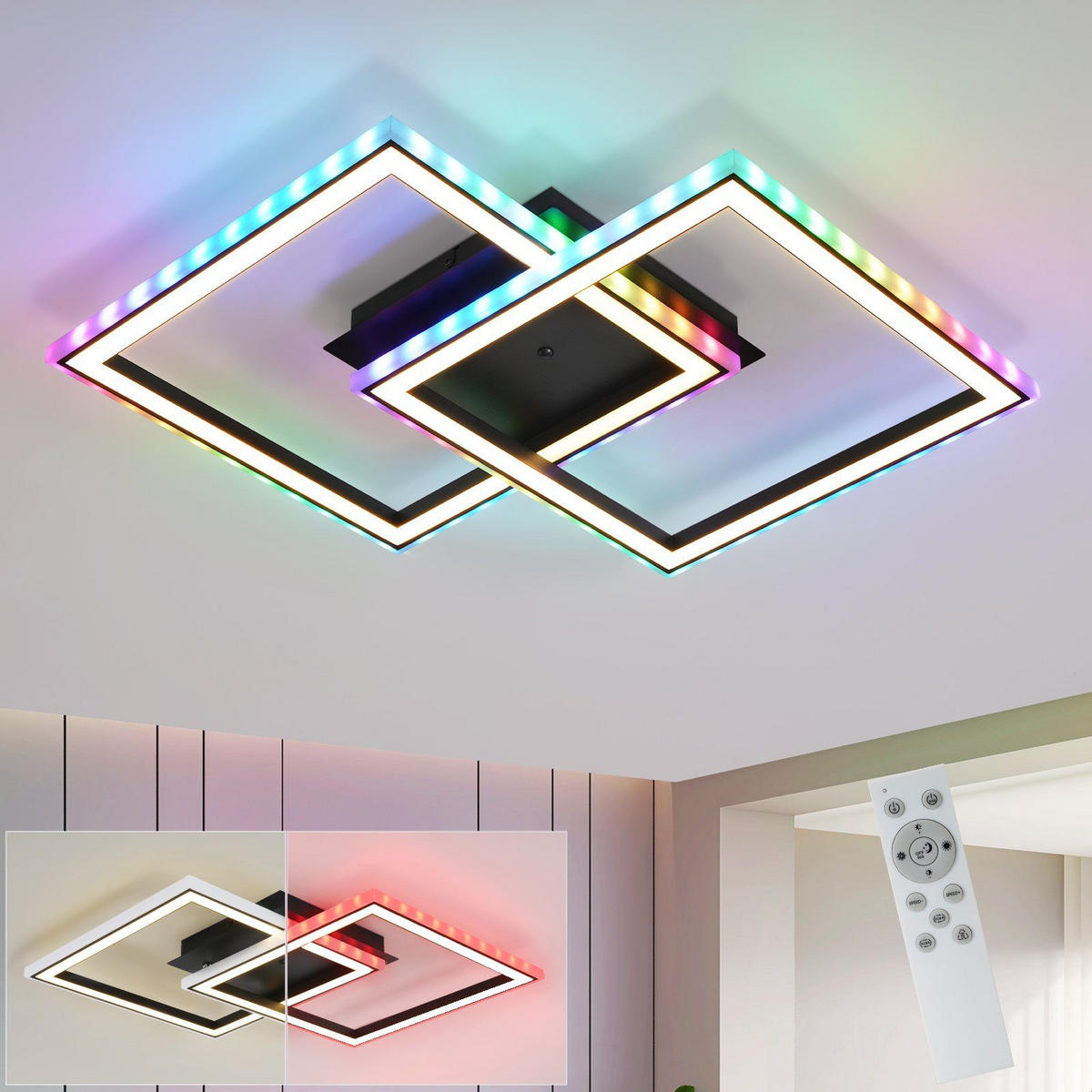 LED-DECKENLEUCHTE Wehrdorf 44.5/7.0/44.5 cm - Schwarz, Metall (44.5/44.5/7cm) - ZMH