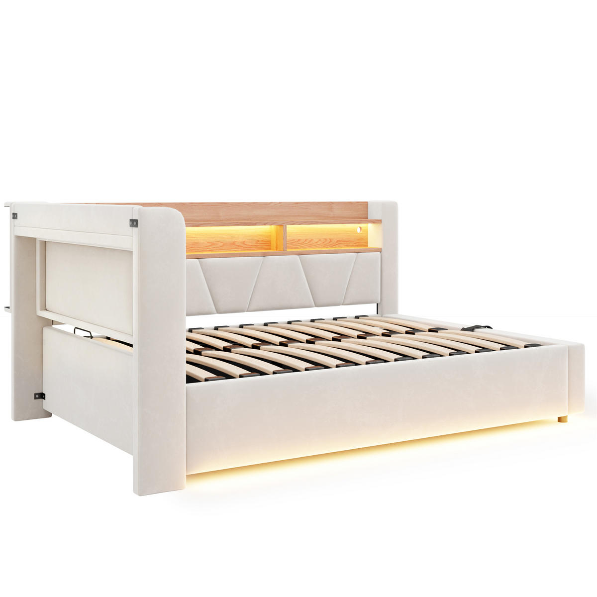 BOXBETT 140/200 mit LED/Regal/USB/Bettkasten, Samt, Beige - Beige, Holz (140/200cm) - LVHOM
