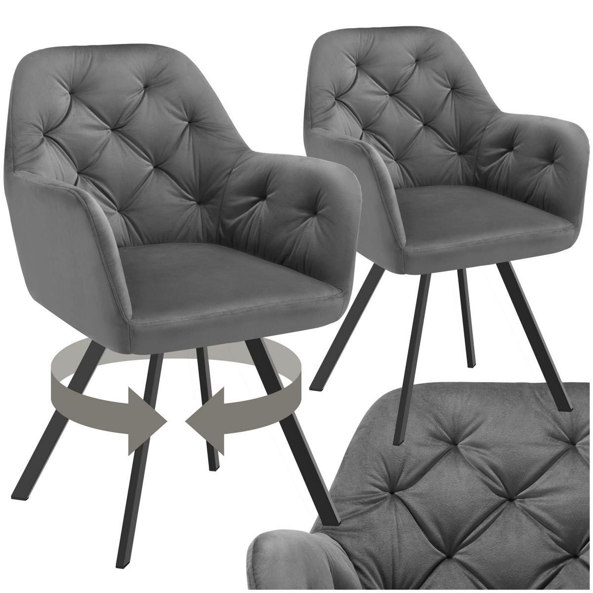 ARMLEHNSTUHL Samt Drehbarer 2er Set Lucia 58 x 58 x 87 cm anthrazit - Anthrazit, Kunststoff (58/87/58cm) - tectake