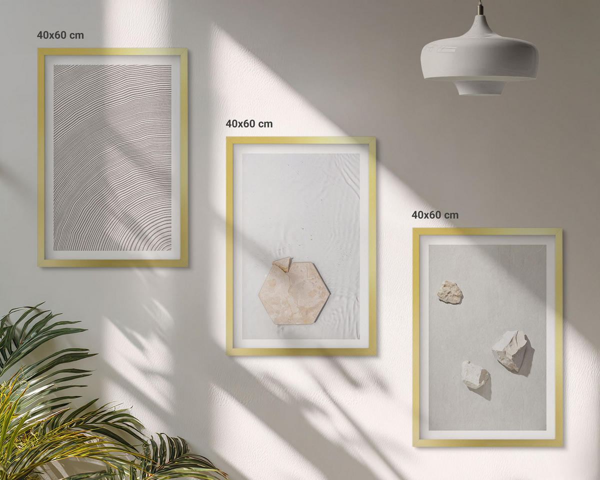 WANDBILDER 3er Set - 40x60 cm Goldrahmen - Leichte Boho-Sandtexturen - Goldfarben, Kunststoff (40/60cm) - ArtPrintCave