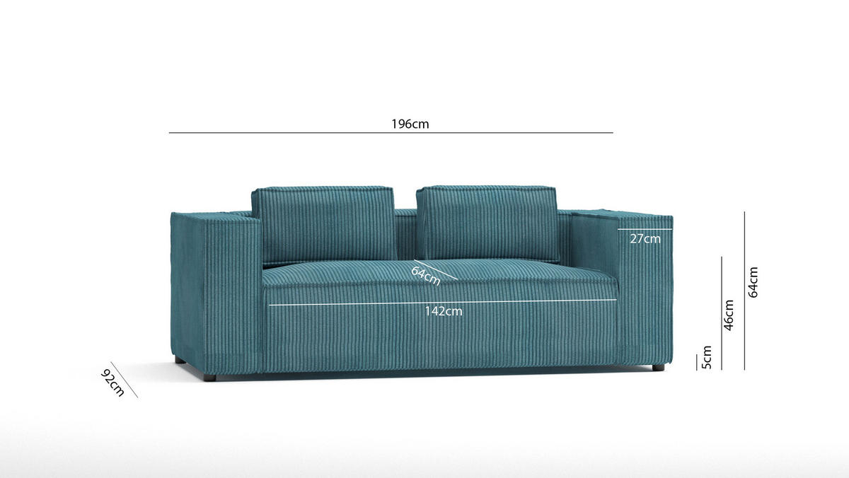 2-SITZER-SOFA Nova Türkis Cord - Türkis/Schwarz, Holz/Kunststoff (196/64/92cm) - S-Style Möbel