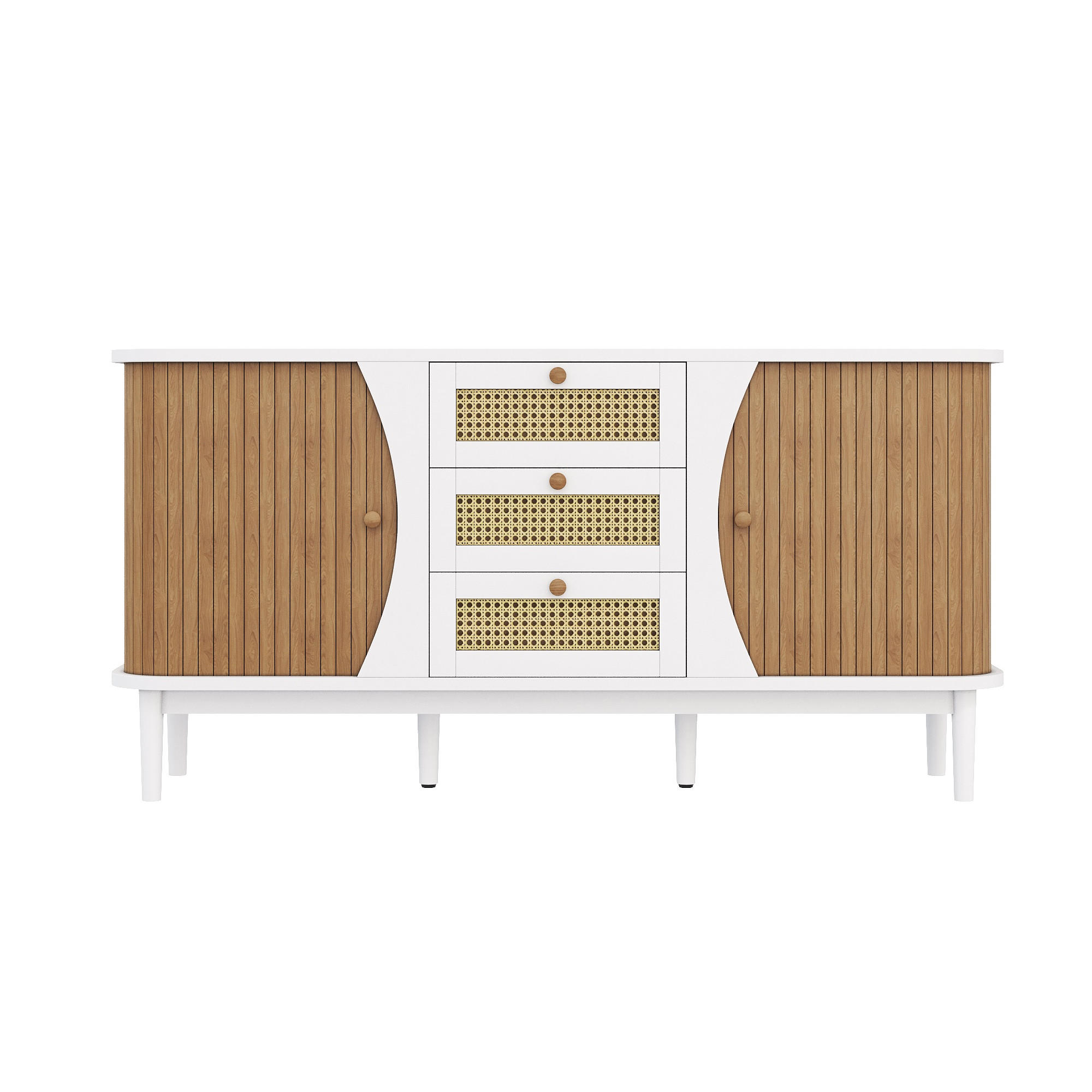 SIDEBOARD in Weiß & Holz-Optik Rattankommode mit 3 Schubladen & Bogen-Design Vit 76/140.5/40 cm