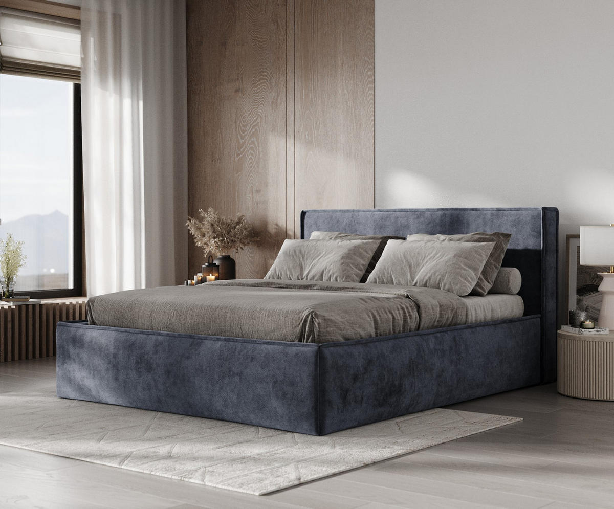 POLSTERBETT Sato mit Stauraum 140/200 cm Dunkelblau im Terra NW Stoff - Blaugrau/Schwarz, Holz/Holzwerkstoff (140/200cm) - AltaBeds