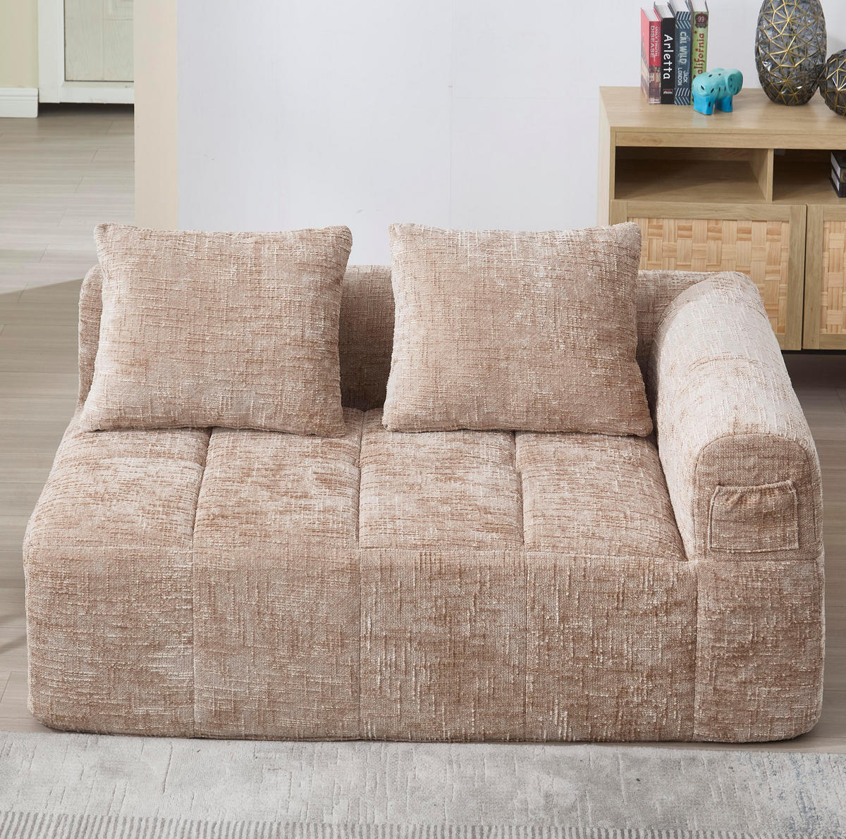 POHOVKA z chenille, 158/90/60 cm, kaki, s vankúšom a bočnými vreckami - piesková, textil (60/160/90cm) - BEAOK