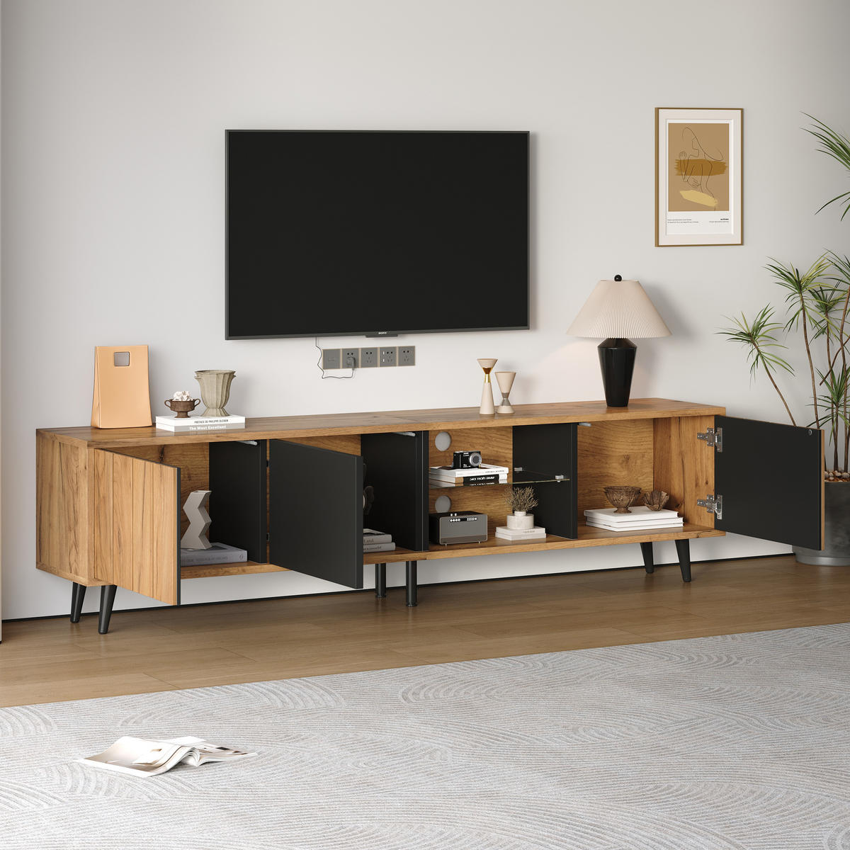 TV-SCHRANK 175x31cm Lowboard 3 Schränke Naturholz & Schwarz bis 75 Zoll - Braun, Holz (41.91/21.01/104.78cm) - FLIEKS