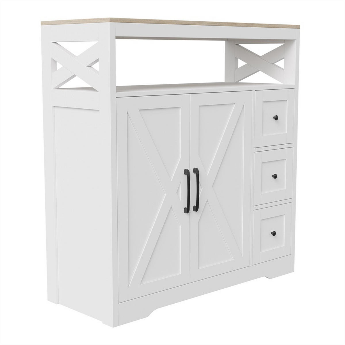 SIDEBOARD mit 3 Schubladen und 2 Türen - moderne skandinavische Optik und schwarze Griffe - Weiß und Natur - Weiß, Holzwerkstoff (100/105/40cm) - DELFA