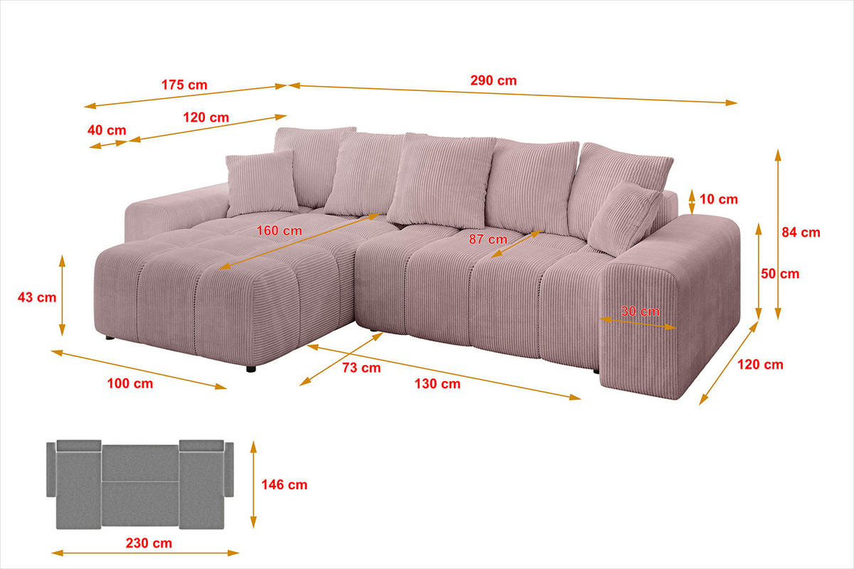 ECKSOFA Ottomane links/rechts ENIL-L 290x175x84 Rosa Cord - Rosa, Holzwerkstoff/Kunststoff (290/175cm) - ALTDECOR