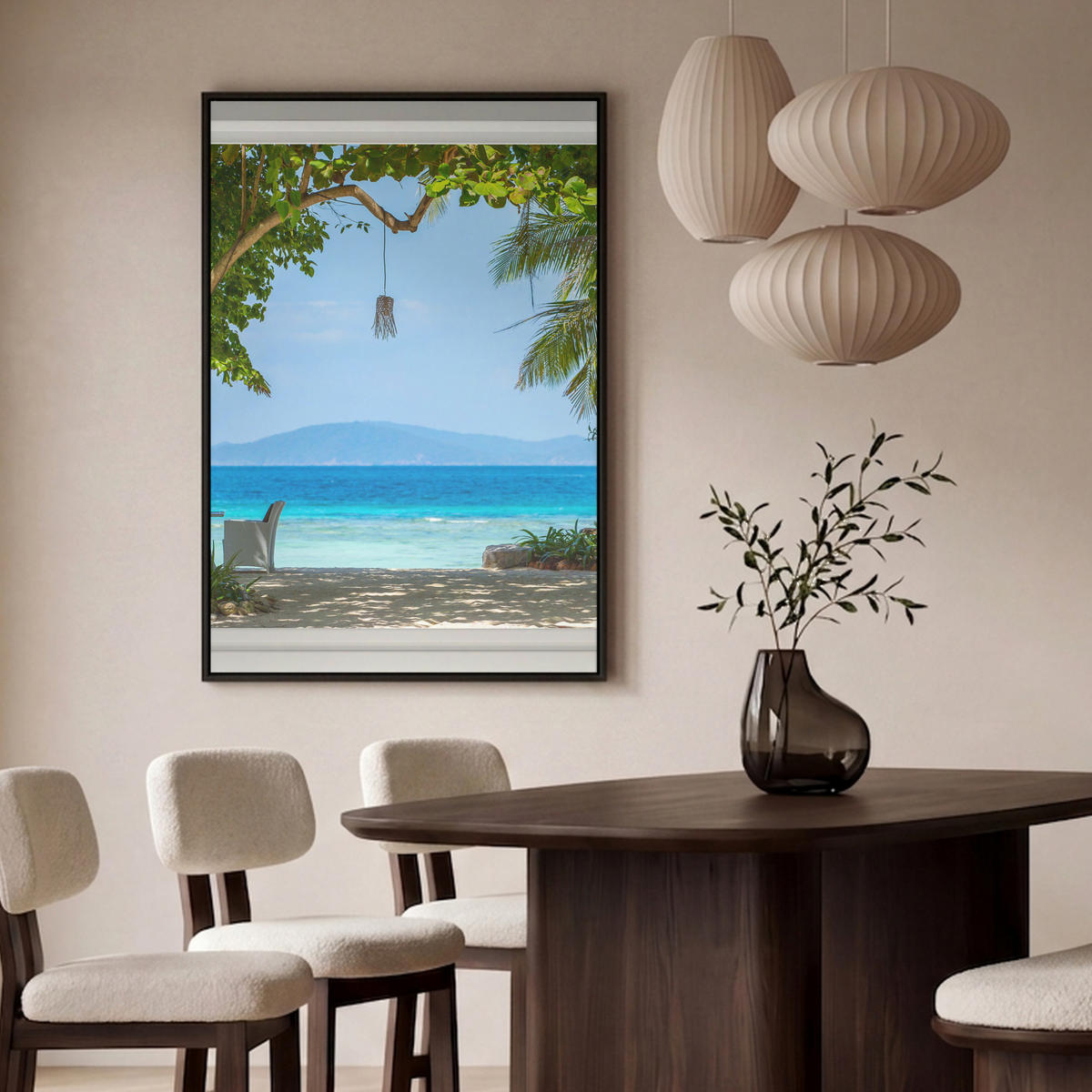 LEINWAND Bilder mit Rahmen - Aussicht - Baum - Meer - Palme - Hügel - Strand - Blau - 80x120 - Blau, Textil (80/120cm) - MuchoWow