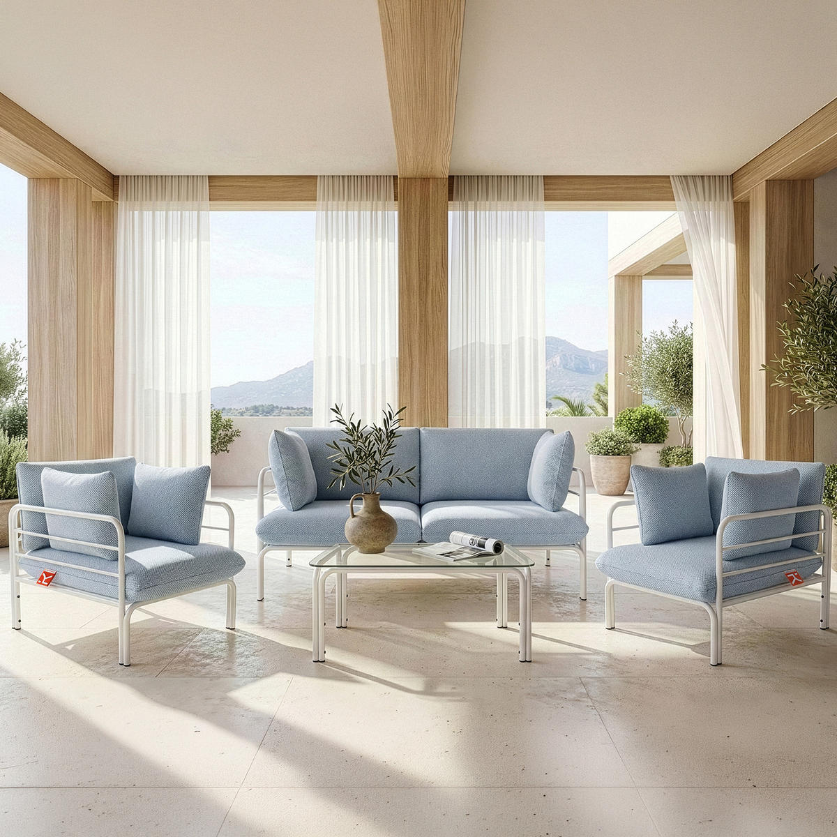 GARTENSOFA RAMBE 2-Personen mit Kissen, Weiß - Weiß/Hellblau, Textil/Metall (150/80/80cm) - KONSIMO®