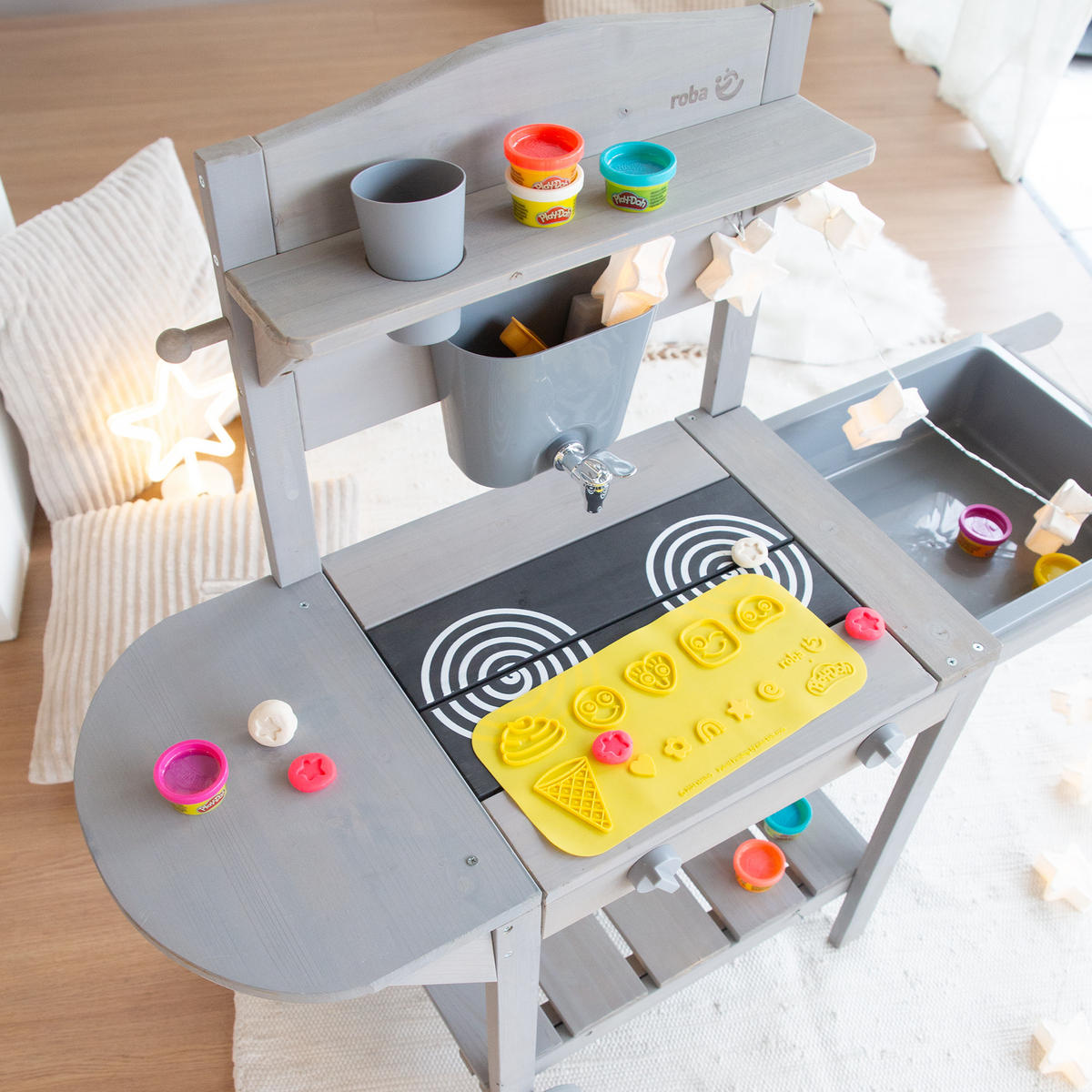 MOBILNÍ HRACÍ A BLÁTIVÁ KUCHYŇKA BBQ šedá - šedá, dřevo (114/37cm) - Roba