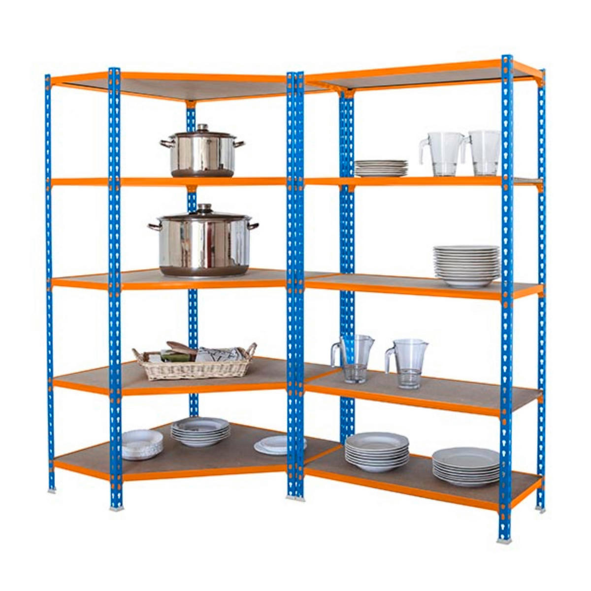 MEGA Deal 1x Eckregal + 1x Schwerlastregal MULI | HxBxT 180x180x50cm | Fachlast 200kg | Blau-Orange - Gelb, Metall (180/180/50cm) - PROREGAL