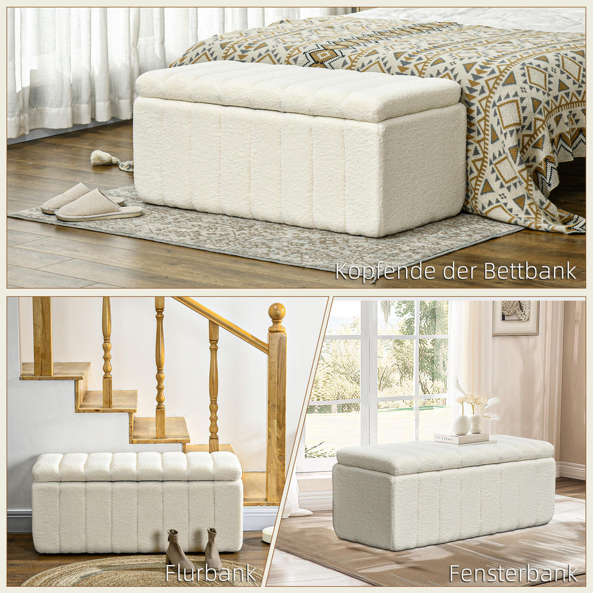 SITZBANK mit Stauraum, Polsterbank mit Teddy-Vlies-Optik, Bettbank mit Holzbeine - Creme/Schwarz, Kunststoff/Textil (45/46/102cm) - HOMCOM